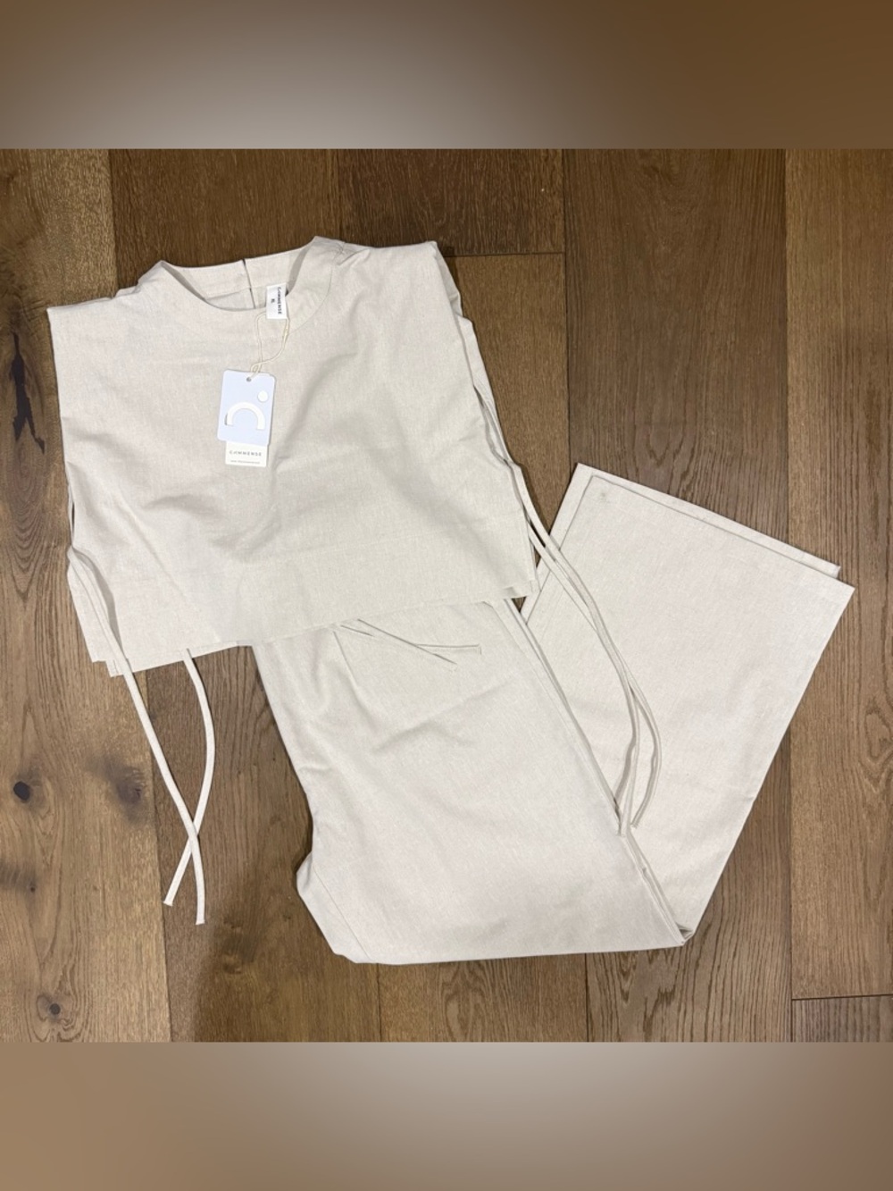 COMMENSE Utility Linen Two-Piece Wide Leg Pants Set - Ivory/Beige - XL - Picture 2 of 10